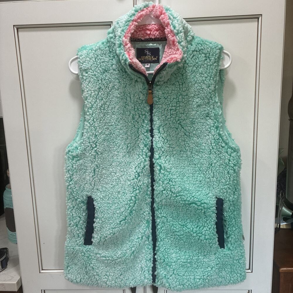 Simply Southern Vest Womens Size Medium Aqua Pink Fleece Super Soft Pockets Logo